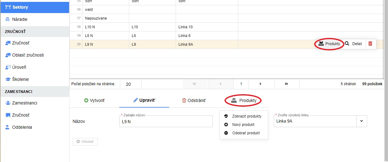 sektory pridať produkt